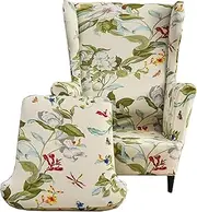 CRFATOP 2 Piece Stretch Wingback Chair Cover Printed Wing Chair Slipcovers Spandex Fabric Wingback Armchair Covers with Elastic Bottom for Living Room Bedroom Wingback Chair (06)