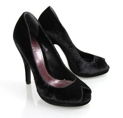New Authentic GUCCI Elizabeth Velvet Platform Pump Shoes,Black, 306106