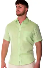 Bohio Mens 100% Linen Yarn-Dye Green Shirt -Button Down Casual ( S ~ 2X)-MLS1357
