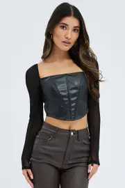 Black Corset Top Long Sleeve Square Neck Faux Leather - Size 16, Women's Top