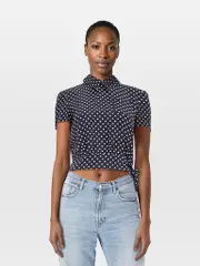 Navy & White Silk Polkadot Short Sleeve Top