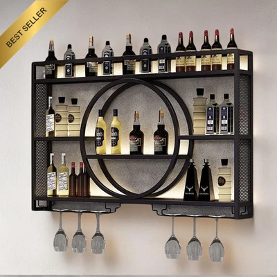 Wall Mounted Wine Rack 3 Tier Metal Shelf with Glass Holder