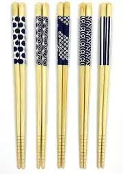 Set of 5 Pairs Japanese Bamboo Chopsticks Black & White Various Pattern S-4520
