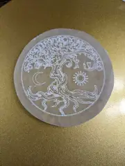 White Selenite Tree of Life Charging Plate Round Polished Crystal Grid 4" Cleans
