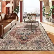 Youzi Vintage Boho Area Rugs for Living Room, Machine Washable Floor Rug with Anti-Slip Botton Soft Shortpile Rugs for Bedroom Livingroom Kitchen Indoor Decor(200x250cm,Brickred)