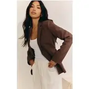 Mocha Linen Look Tie Waist Blazer, Mocha