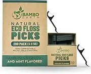Natural Dental Floss Picks - Eco Friendly Cruelty Free & Vegan Tooth Flossers Pick Set with Biodegradable and Compostable BPA Free Handle & Zero Waste Packaging - 200 Pack (Bamboo Charcoal Flavored)