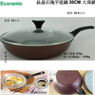 韓國ECORAMIC鈦晶石頭抗菌不沾鍋平底鍋-30CM酒紅色/30CM珊瑚色 大深鍋(附鍋蓋) (8.9折)