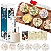 Powerful Moon Cake Mold Press with 6 Stamps, 50g Hand Press Mooncake Mold Cookie Cake Cutter Pastry Tool for Mid Autumn Festival(50g 6Pcs White Circle)