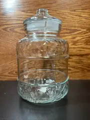 KIG Indonesia, Clear Glass Cookie Jar, Embossed Fruit Canister, Lid, 11" Tall