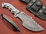13" CUSTOM HANDMADE FORGED DAMASCUS STEEL TRACKER KNIFE DAMASCUS HANDLE+SHEATH