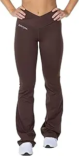 [Divina] Flare Tights, Flared Leg Leggings with Cross-Over Waistband, Perfect for Training, Yoga, Walking and Everyday Wear. Brown XL