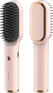 Ionic Hair Straightener Comb Wireless with 3 Levels Adjustable Temperature Anti-scald Protection Portable Straightener Styler USB C Rechargeable Electric Curling Iron Straightening Brush - Pink