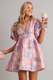 Women's Cocktail Paris Dreamer Dress Short Sleeve in Lilac and Pink Metallic Jacquard 8