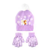 Disney Frozen Beanie & Gloves Set Elsa Anna Purple Knit Pom Pom Hat Snowflakes