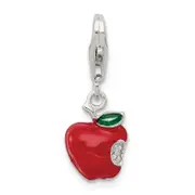 Sterling Silver Rhodium-Plated Cz And Red Enameled Apple Charm
