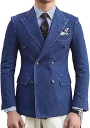 [Bciopll] Men's Denim Jackets Double Breasted Lapel Blazer Fashion Casual Office Basic Coat