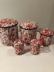 SPLATTERWARE, ENAMEL WARE NEW CONDITION Red/White CANISTER SET And Salt Pepper