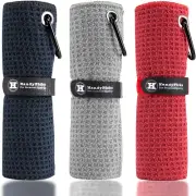 Microfiber Golf Towel 16"X16" Carabiner Clip Hook Cleaning Towel Black/Grey/Red