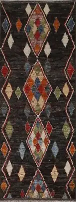 Thick-Plush Modern Moroccan Berber Geometric Runner Rug Wool Handmade 3x10