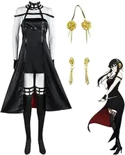 Spy X Family Cosplay, Anime Yor Forger Cosplay Costume, Black Full Dress Include White Socks Gloves Earrings for Halloween Party, Cosplay