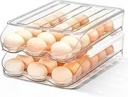 ZJYIGOWL Large Capacity Egg Holder for Refrigerator,Auto Rolling Egg Container with Lid,Egg Storage Tray Organizer Bin, Egg Fresh Storage Box for Fridge,Clear Plastic Storage Container (2 Layer)