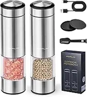 FORLIM Rechargeable Electric Salt and Pepper Grinder Set, Automatic Pepper Grinder, One-Handed Operation with LED Light, 95 mL Large Capacity with Adjustable Coarseness, Stainless Steel, Silver