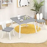 HONEY JOY Kids Table and 2 Chairs Set, 3 Pieces Wooden Square Play Table & 2 Cute Rabbit Chairs, Solid Wood Legs & Space-Saving Structure, Children’s Furniture Set for Arts, Crafts, Snack Time (Grey)