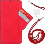 Damolong Wallet Phone Case Compatible for Asus ZenFone 10(5.9 Inch), Magnetic Leather Flip Case for Asus ZenFone 10z, with Card Holder, 1× Cell Phone Lanyard, 1× Wrist Strap Red