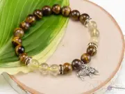 TIGERS EYE & Rutilated QUARTZ Crystal Bracelet with Elephant Charm Jewelry E0973