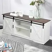 Levede TV Cabinet Entertainment Unit Stand Wooden Table Sliding Barn Door, TV Unit Cabinet Adjustable Shelves, Cable Holes, Waterproof Surface, TV Cabinet for Home Living Room 150CM