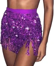 [Cubahop] Boho Sequin Belly Dance Skirt Hip Belt Tassel Skirt Hip Wrap Scarf Rave Music Festival Costume for Women Girls