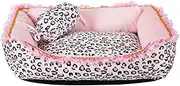 Cute Pink Puppy Sleeping Mat Bed with Leopard Pattern Round Square Shape Cat Dog Sofa Bed Pet House Nest Cave (L, Square Bed)