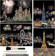 Scratch Art Rainbow Painting Paper, 4 Sheets (A4) Fireworks City Night View, DIY Scratchboard Crafts Womens Hobbies, Engraving Arts for Teen & Adults Scratch Painting Christmas Birthday Party Gift