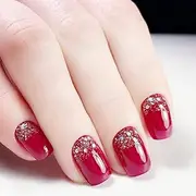 Jovono Full False Nail Tips Wine Red Champagne Sequins Fake Nails for Wedding(No glue)