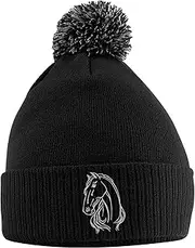 [Purple Print House] Horse Head Hat - Bobble Beanie Hat - Equestrian Gifts for Girls - Winter Beanie Hat with Cute Horse Embroidered On The Front