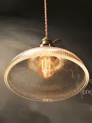 Vintage Industrial Holophane Shaded Pendant Lamp - Hanging Light w/ Ribbed Glass
