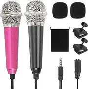 uxcell 2Pcs Mini Microphone, Mic Tiny Microphone with Sponge Cover, Holder and Drawstring Bag Portable for Karaoke Voice Video Recording Singing (Rose Red/Black)