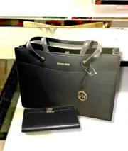 Michael Kors Women Large MF Pocket Tote Black Leather Bag & Snap Card Wallet Set