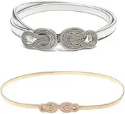 [DACUAN] 2PCS Stretch Skinny Waist Belts Women Adjustable Slim Thin Belt for Ladies Girls, Womens Skinny Leather Belt, with Interlock Buckle for 68-90cm Waist Size Shirt Dress Sweater (Gold & Silver）