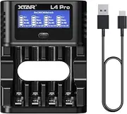 XTAR L4 Pro Smart Type-C 1.5V Li-ion & 1.2V NiMH/NiCD AA AAA Battery Charger with Discharge&Refresh Function,4 Bay LCD Display Rechargeable AA Battery Charger