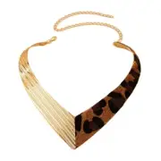Geometric V Shaped Leather Leopard Print Necklace for Fashionable Women