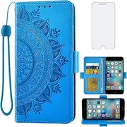 Asuwish Compatible with iPhone 6plus 6splus 6/6s Plus Wallet Case Tempered Glass Screen Protector Card Holder Flip Cell Phone Cover for iPhone6 6+ iPhone6s 6s+ i 6P 6a S Six iPhone6splus Women Blue