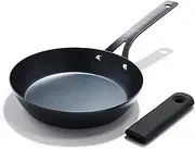 OXO Obsidian Pre-Seasoned Carbon Steel, 8" Frying Pan Skillet with Removable Silicone Handle Holder, Induction, Oven Safe, 1.8 Liters, Black