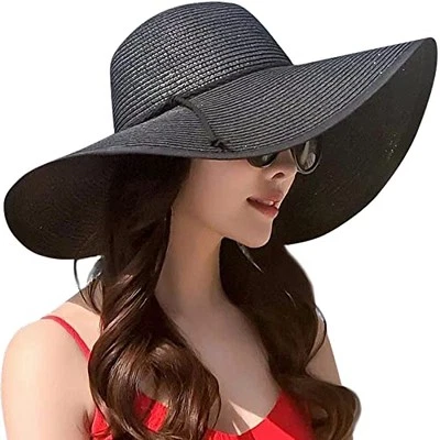 Womens 5.5 Inches Big Bowknot Straw Hat Large Floppy One Size 01 Style B-black