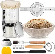 Complete Sourdough Starter Kit, Sourdough Bread Baking Supplies with 9'' Round Banneton Bread Proofing Basket, 36oz Sourdough Starter Jar, Bread Lame, Dough Scraper, Dough Whisk & Silicone Bread Sling