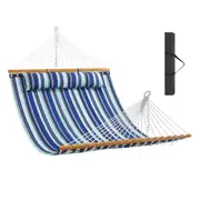 Double Quilted Outdoor Hammock with Hardwood Spreader and Detachable Pillow