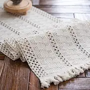 Alynsehom Macrame Table Runner - Cream Beige Boho with Tassels, Hand Woven Cotton, Rustic Farmhouse for Bohemian Kitchen Dining (12x48in)