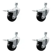 3 Inch SS Hard Rubber Swivel 3/8 Inch Threaded Stem Caster Set Total Lock Brake