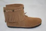 WOMEN'S MINNETONKA 297T HI TOP DOUBLE FRINGE SIDE BACK ZIP UP BOOT TAUPE COLOR